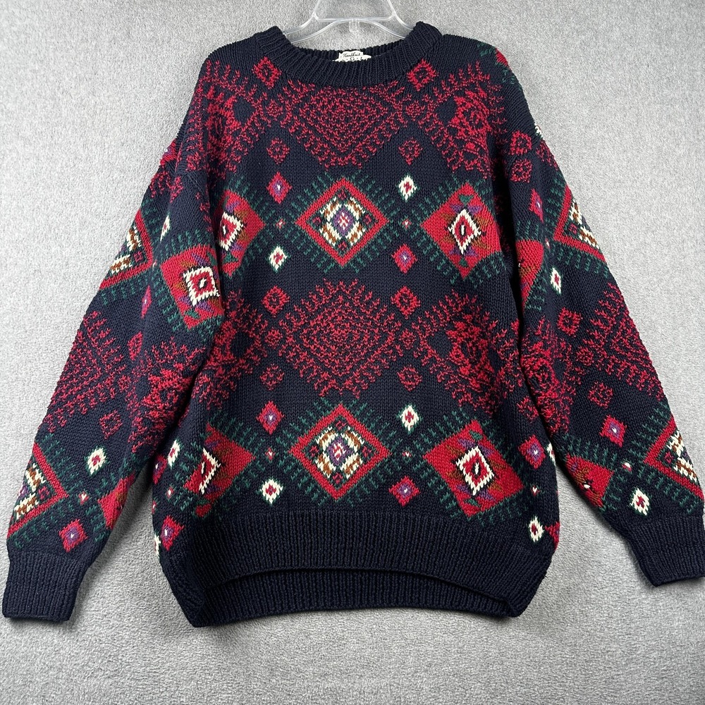 Vintage Eagle Pass Sweater Mens Large Navy Red Geometric Crewneck Handknit 90s